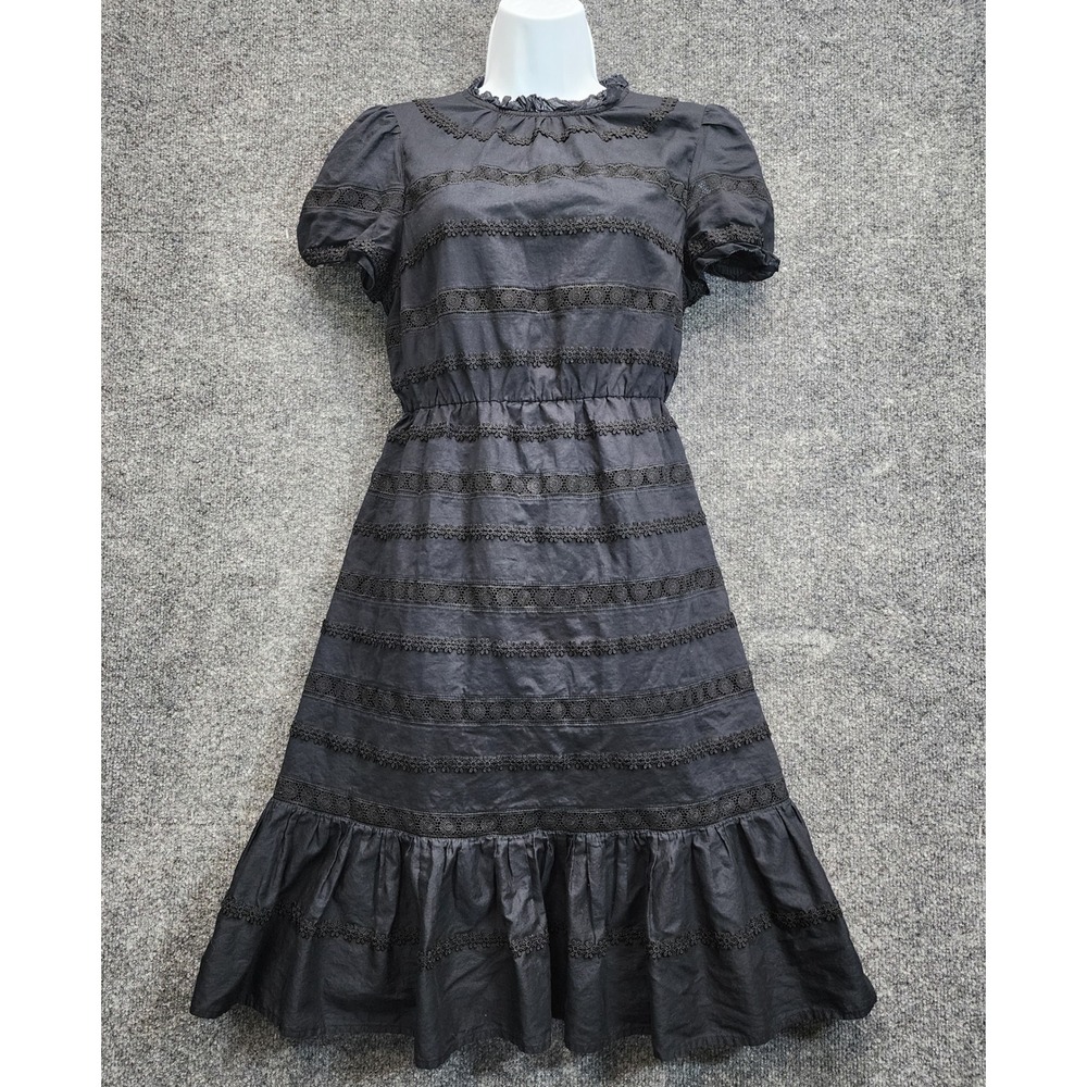 J.Crew Eyelet Lace Ruffle Fit Flare Midi Dress Womens 6 Black Cotton Victorian